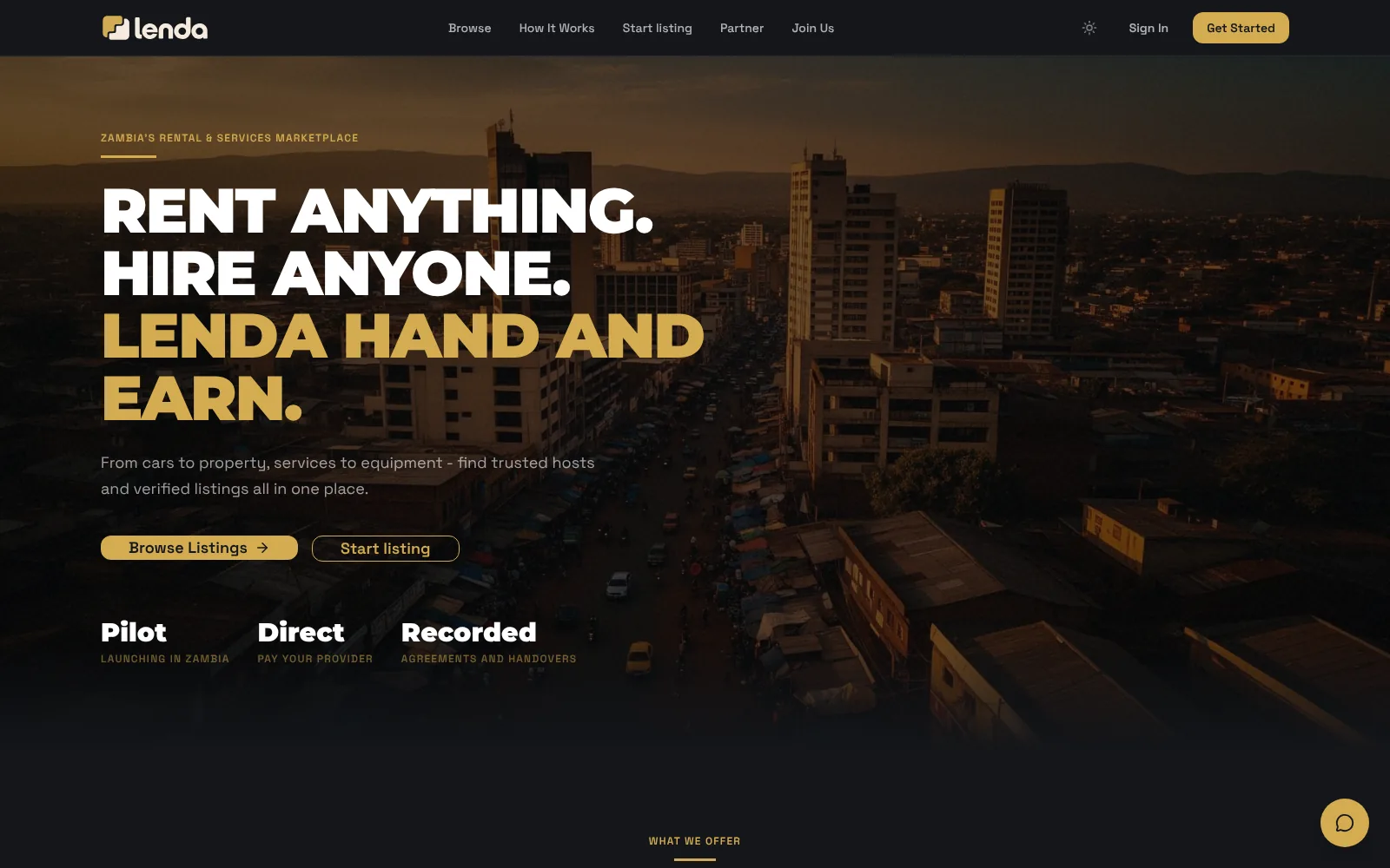 Lenda home page: the headline Rent anything, hire anyone, with buttons to browse listings or start listing