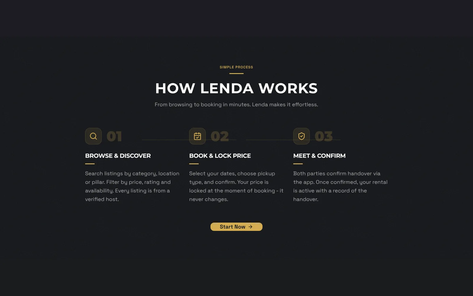 How Lenda works in three steps: browse and discover, book and lock the price, meet and confirm the handover