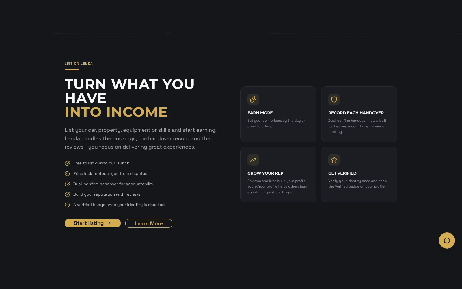 Listing on Lenda: earn from a car, property, equipment or skills, with recorded handovers, reviews and a verified badge