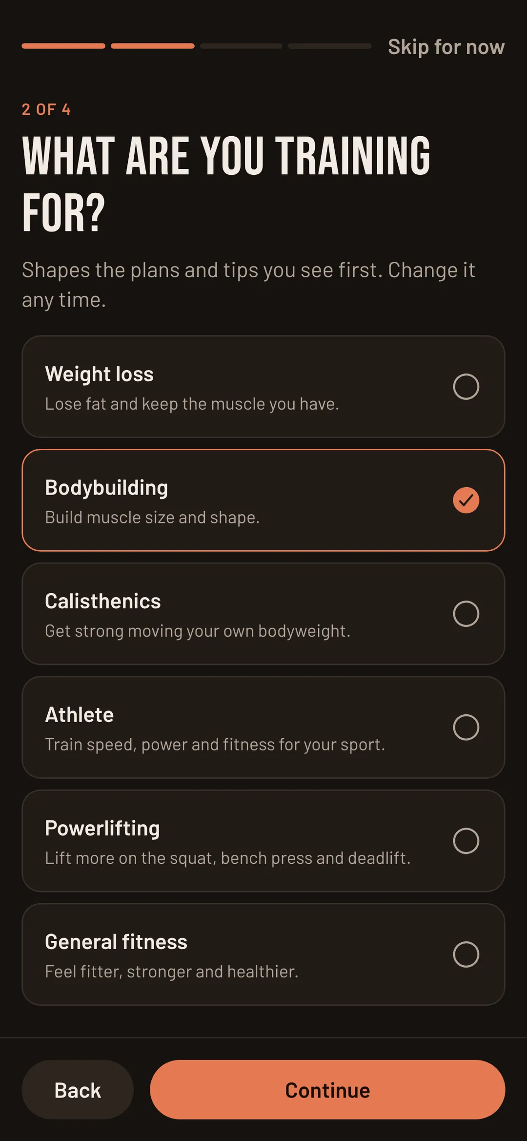 ProFit onboarding step 2 of 4: choosing a training goal such as weight loss, bodybuilding, calisthenics or powerlifting