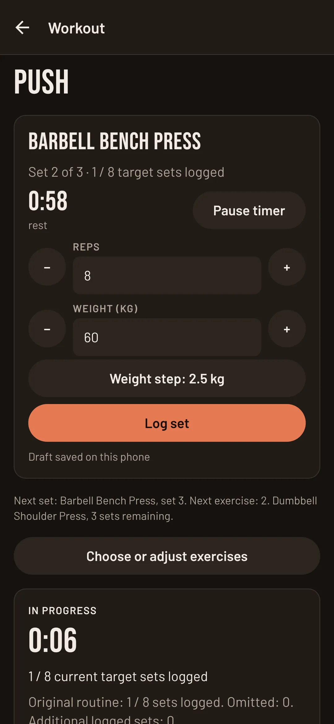 A guided workout logging bench press sets, with the rest timer counting down after a logged set