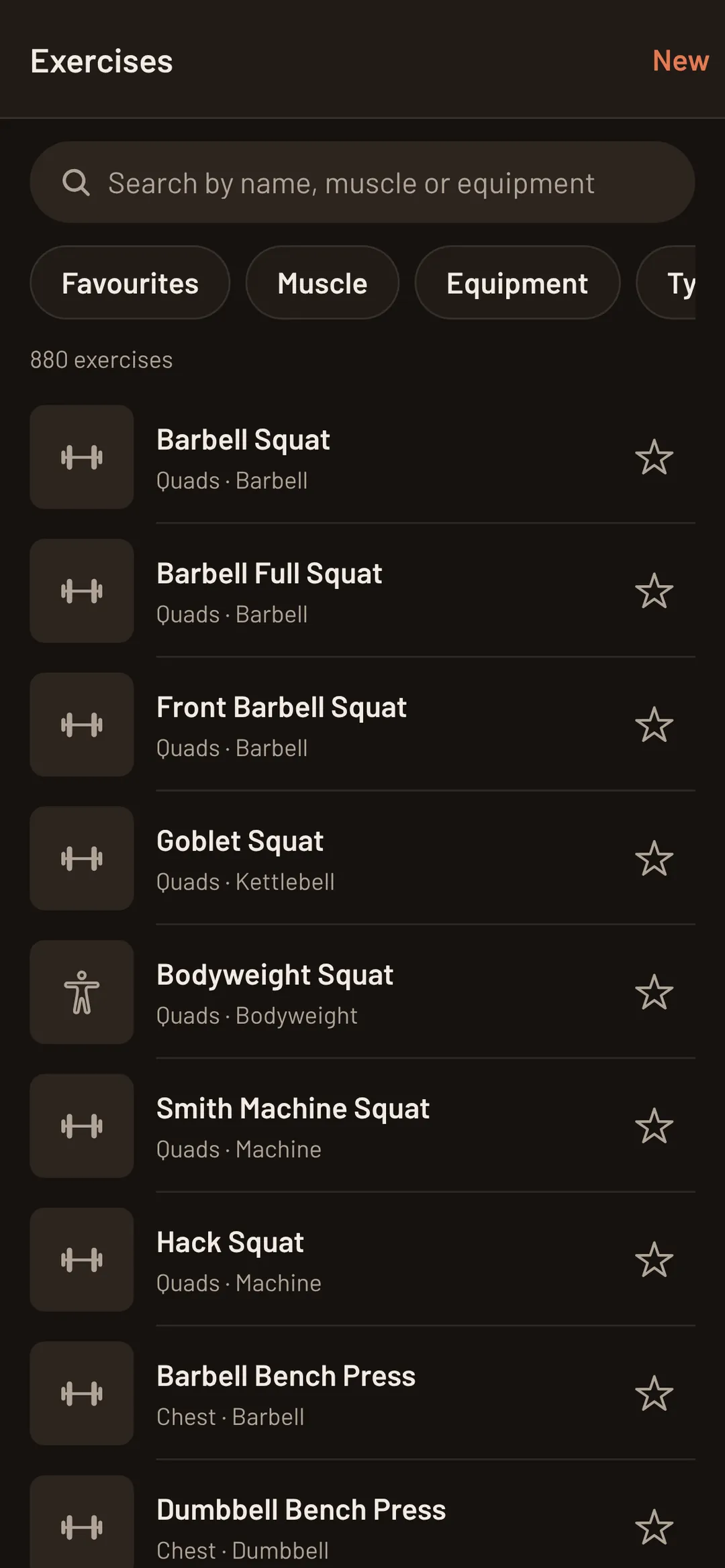ProFit exercise library with search and filters by muscle, equipment and type, listing 880 exercises